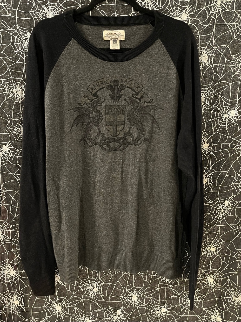 American Rag Men’s Gray and Black Raglan Crewneck Sweater